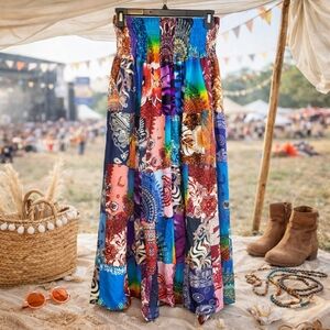Arisa Patchwork Boho Maxi Skirt Smocked Waist Festival